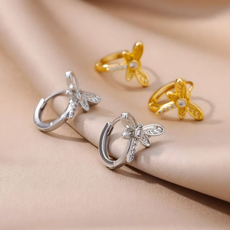 Dragonfly Hoop Earrings in 18k Gold Plated with Zircon
