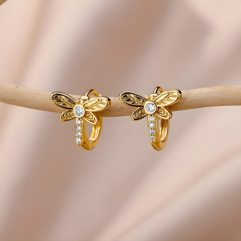 Dragonfly Hoop Earrings in 18k Gold Plated with Zircon