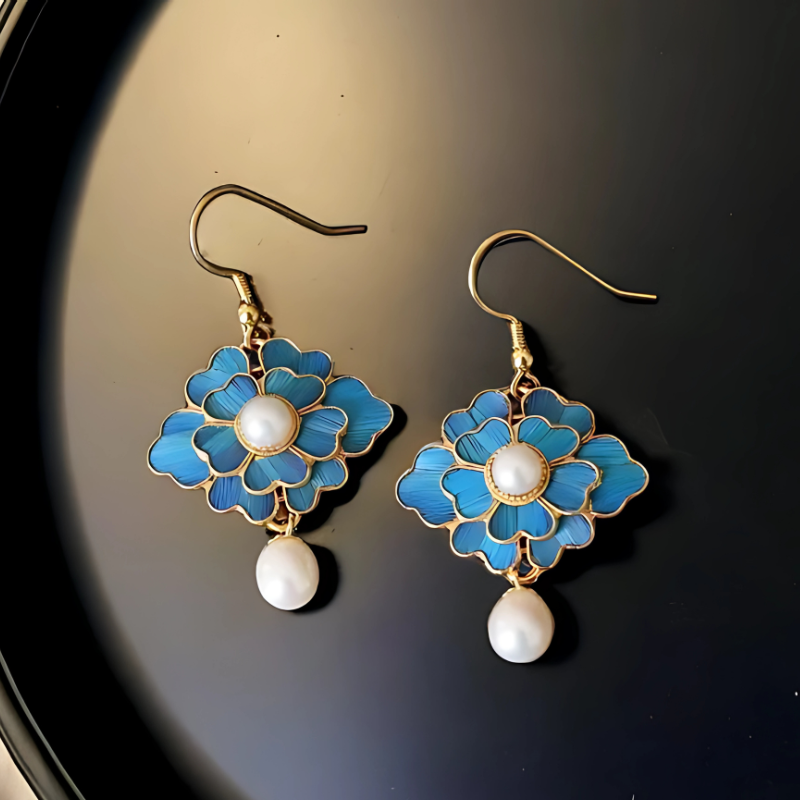 Blue Vintage Lotus Pearl Earrings with 18K Gold Plating