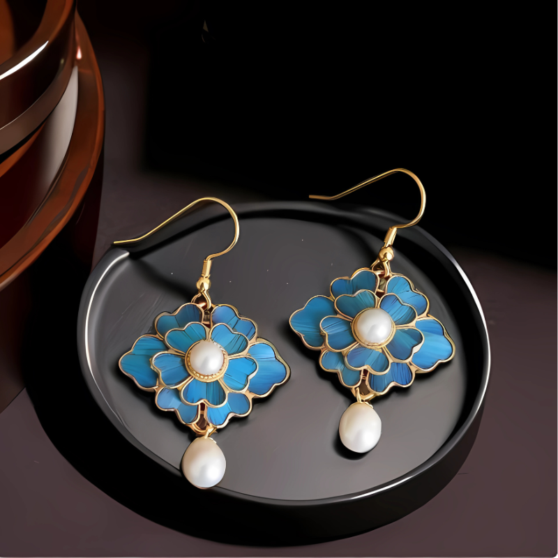 Blue Vintage Lotus Pearl Earrings with 18K Gold Plating