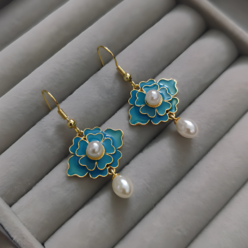 Blue Vintage Lotus Pearl Earrings with 18K Gold Plating