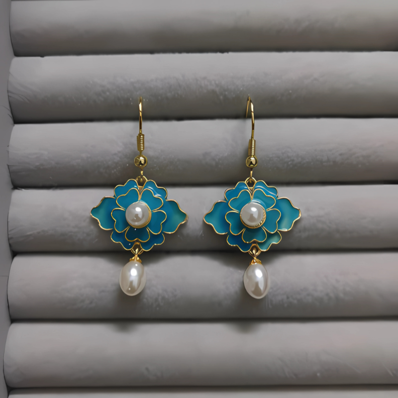 Blue Vintage Lotus Pearl Earrings with 18K Gold Plating