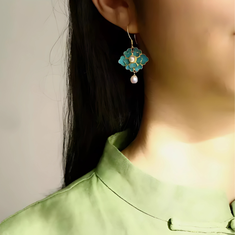 Blue Vintage Lotus Pearl Earrings with 18K Gold Plating
