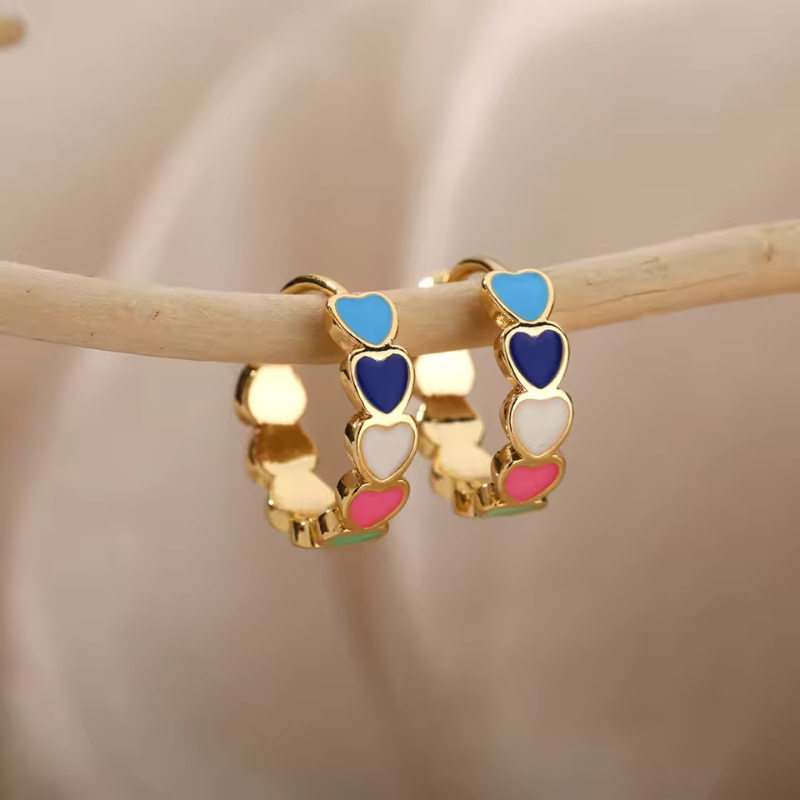 Colorful Heart Hoop Earrings with 18K Gold Plating