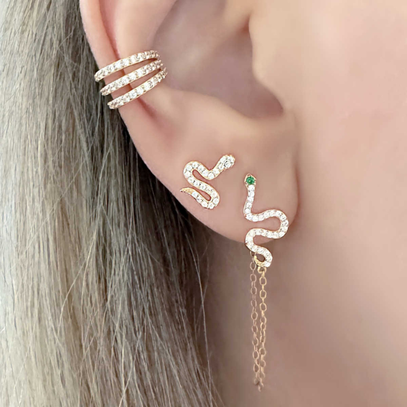 Snake Hoop Earrings with White and Green Zirconia