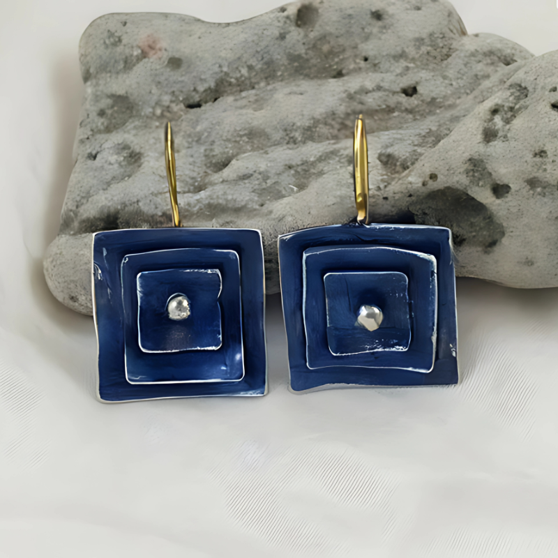 Blue Vintage Square Earrings with Oxidized Sterling Silver