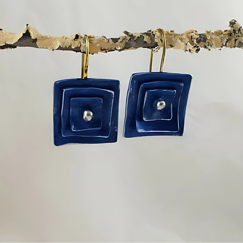 Blue Vintage Square Earrings with Oxidized Sterling Silver