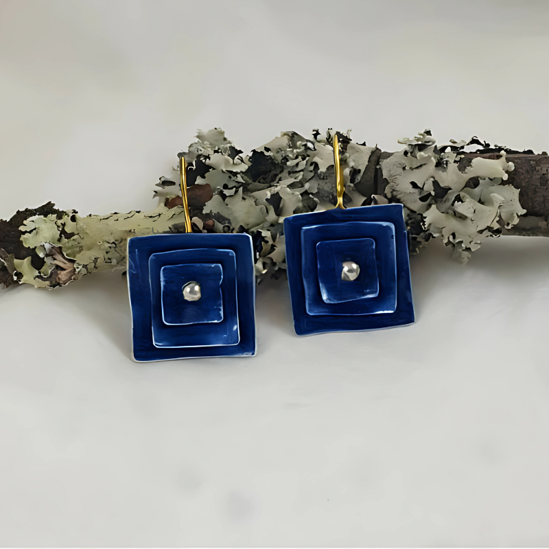 Blue Vintage Square Earrings with Oxidized Sterling Silver