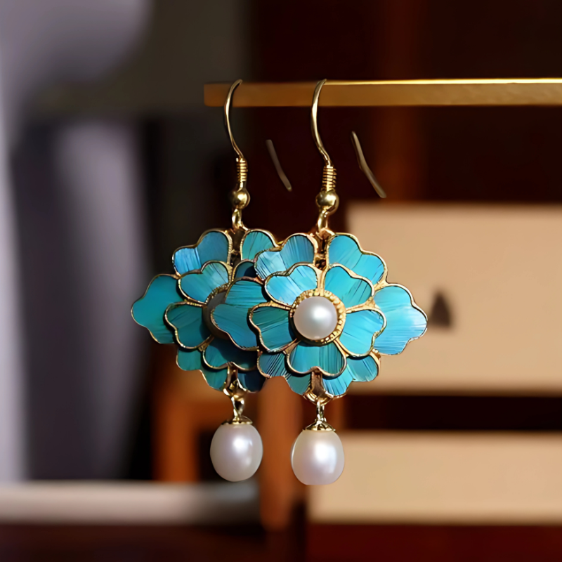 Blue Vintage Lotus Pearl Earrings with 18K Gold Plating