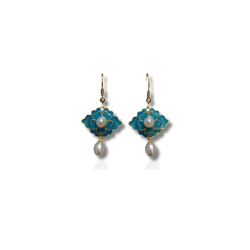 Blue Vintage Lotus Pearl Earrings with 18K Gold Plating