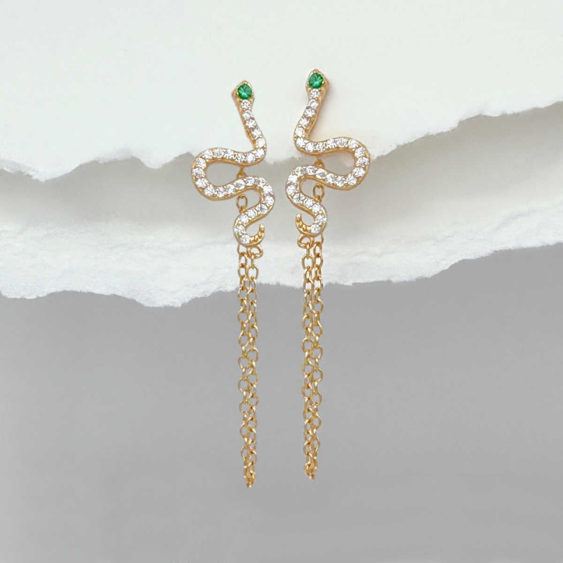 Snake Hoop Earrings with White and Green Zirconia