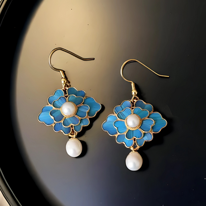 Blue Vintage Lotus Pearl Earrings with 18K Gold Plating