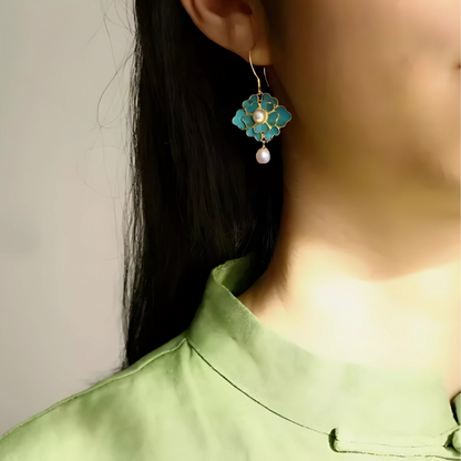 Blue Vintage Lotus Pearl Earrings with 18K Gold Plating