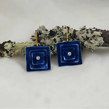 Blue Vintage Square Earrings with Oxidized Sterling Silver