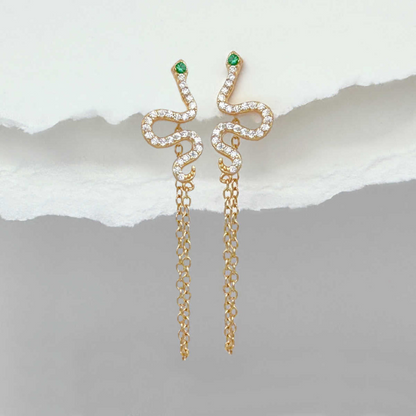 Snake Hoop Earrings with White and Green Zirconia